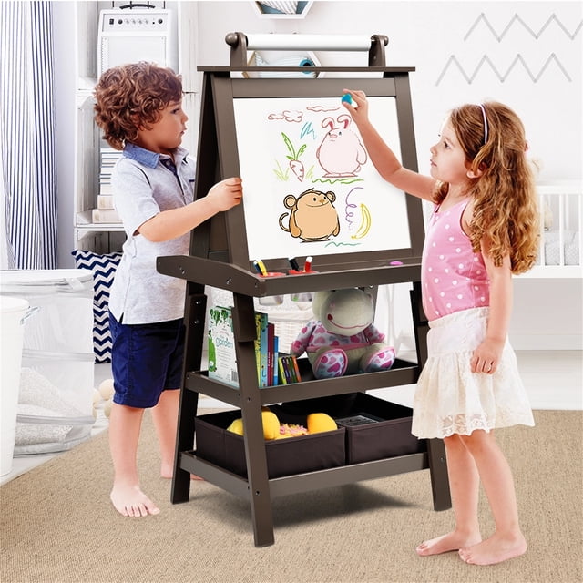 Caballete para Niños Costway Doble Cara 3 en 1 con 2 Repisas 2 Cajas y Amplia Bandeja Café 59 x 50 x 117 cm