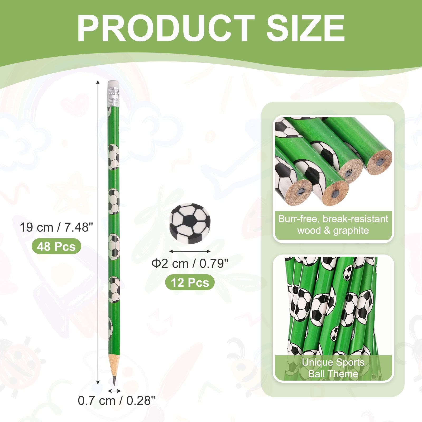 Uxcell Sports Pencils with Eraser, 48 Pcs Fun Cute Wooden Pencils 12 Pcs Sport Ball Erasers Football Theme for Party Favors Classroom Reward