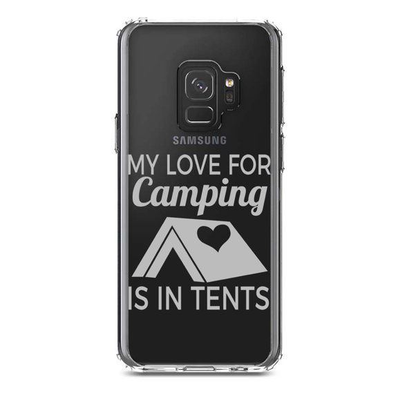 DistinctInk Clear Shockproof Hybrid Case for Samsung Galaxy S9 (5.8" Screen) - TPU Bumper Acrylic Back Tempered Glass Screen Protector - My Love For Camping is In Tents