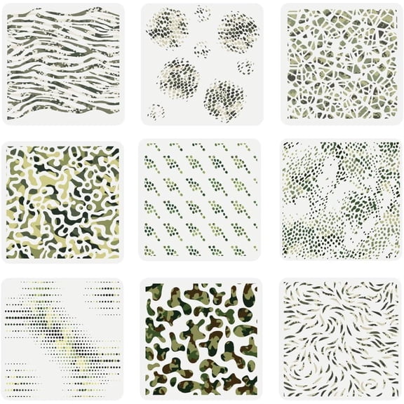 9 Pcs 9 Styles Camouflage Painting Stencil 11.8x11.8inch Camouflage Stencils Template Reusable Camouflage Paint Stencils for Painting on Wood Canvas Paper Fabric Floor Wall Tile