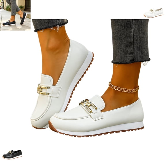 YOUYEDIAN Loafers for Women Chain Deco Fashion Non Slip Versatile Round Toe Flats Casual Outdoor Platform Dress Shoes