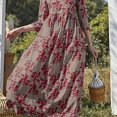thumbnail image 1 of Robe à Manches 3/4 à Imprimé Floral, Élégante, Col Ras du Cou, Taille Haute, Froncée, Robe Maxi, Vêtements pour Femmes, 1 of 7