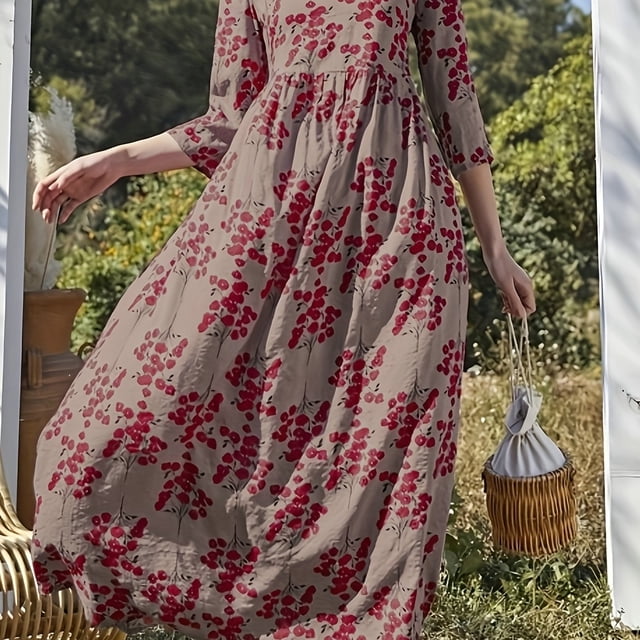 Robe à Manches 3/4 à Imprimé Floral, Élégante, Col Ras du Cou, Taille Haute, Froncée, Robe Maxi, Vêtements pour Femmes