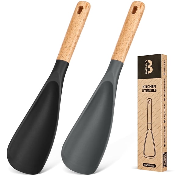 Cooking Spoon For Nonstick Cookwares, Great For Cooking And Serving Sturdy Bpa-Free Matte Silicone, Wood Handle Spoon For Mixing, Scoop, And Scrape (Black & Grey)