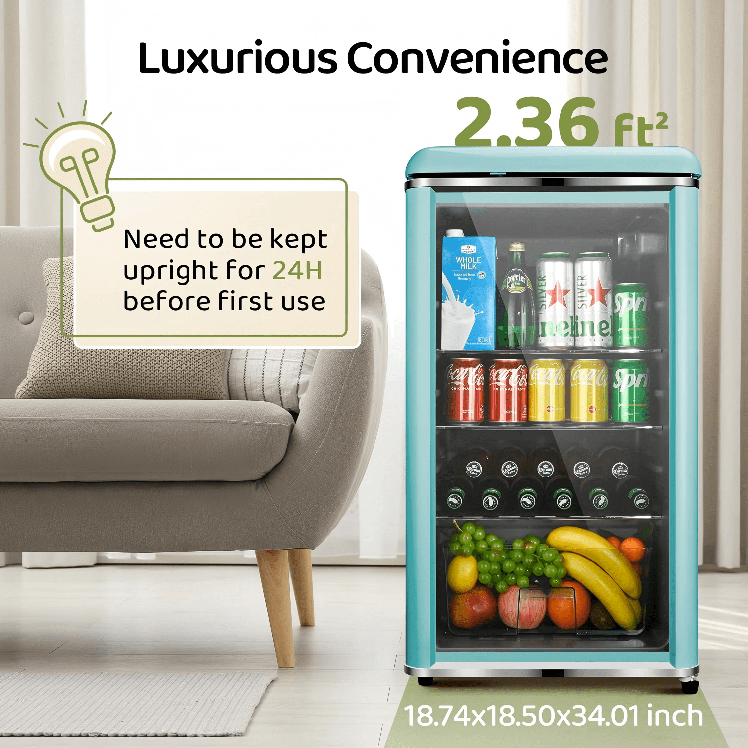 GGTB 4.0 Cu.ft Retro Beverage Refrigerator, 160-Can Mini Fridge with Double Glass Door, Adjustable Shelves, Blue