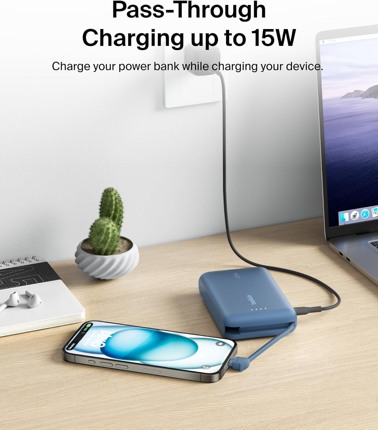 Belkin Power Bank, Portable Power Bank with Integrated Cable 10K PD 20W - Fast Charge USB-C Power Delivery, Portable iPhone Charger for iPhone 16 Series, iPad Pro, Galaxy S25, and More - Blue