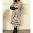 thumbnail image 4 of Women'S Dress 2 Piece Outfits Ribbed Knitted Long Sleeve Long Cardigan Plaid Sleeveless Midi Dress Fall Sets Khaki XL, 4 of 8