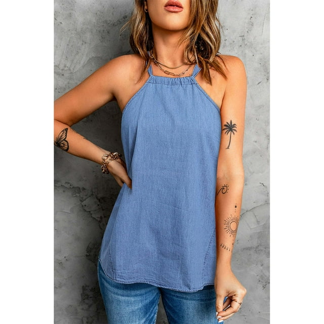 Camisa sin mangas con nudo en la espalda, blusa con cuello halter Blusa sin mangas informal con nudo Blusa informal sin mangas Lo mejor en su clase