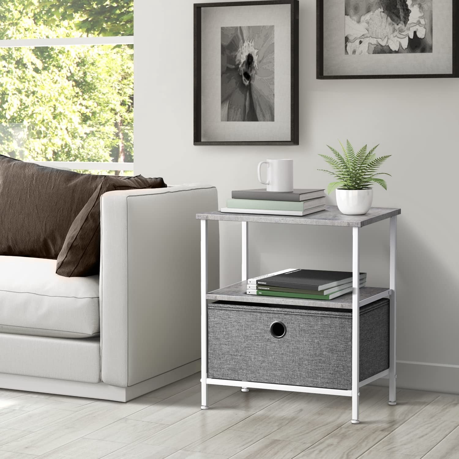 Sorbus 1-Drawer Nightstand with Fabric Drawer, Steel Frame and Open Shelf, Gray