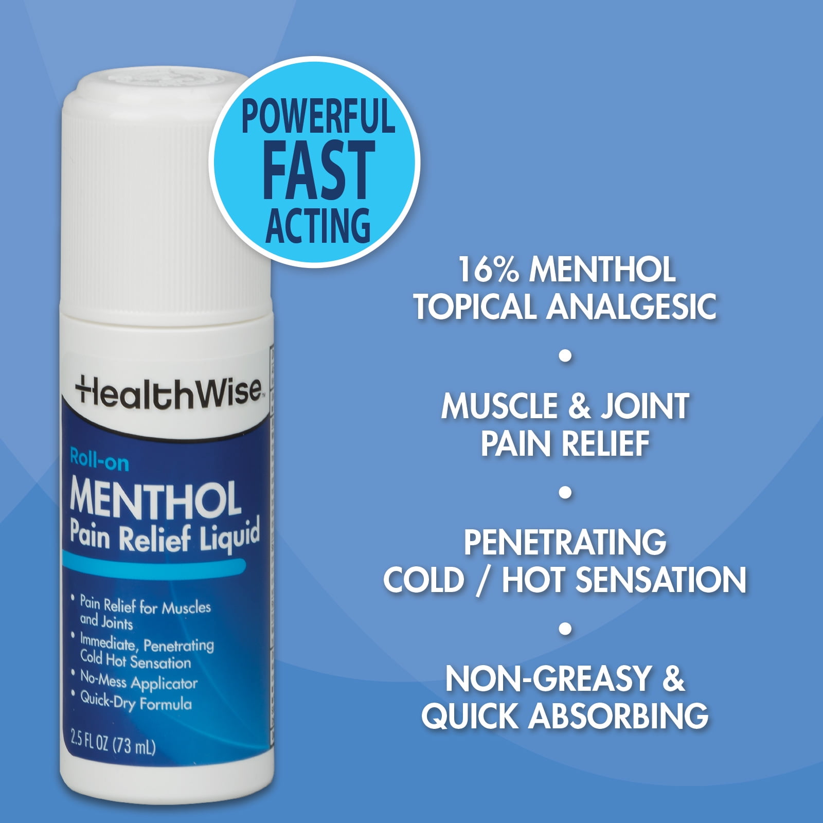 HealthWise 16% Menthol Roll-On | Cold Hot Sensation | Pain Relief Liquid | 2.5 oz. 73 mL | Non-Greasy Formula | Immediate Penetrating Action | Topical Analgesic