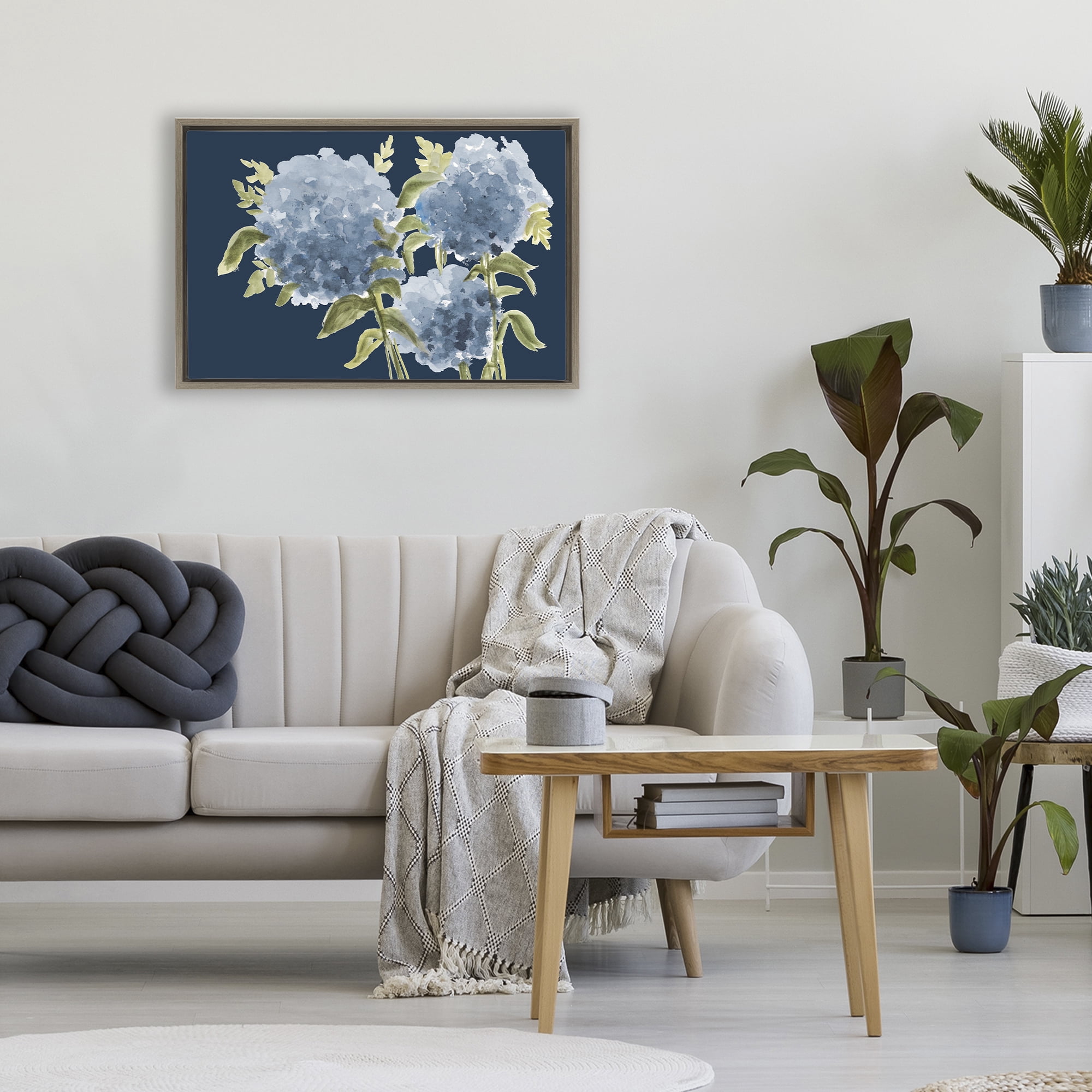 Stupell Industries Blue Hydrangeas on Indigo Brown Framed Floater Canvas Wall Art, design by Janice Gaynor