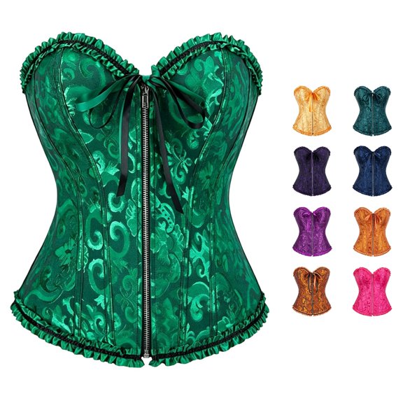 Krdevn Women's Strapless Ruffled Jacquard Corset, Front Zip Back Lace Up Waist Cincher, Boned Retro Overbust Bustier for Costume Party,Green
