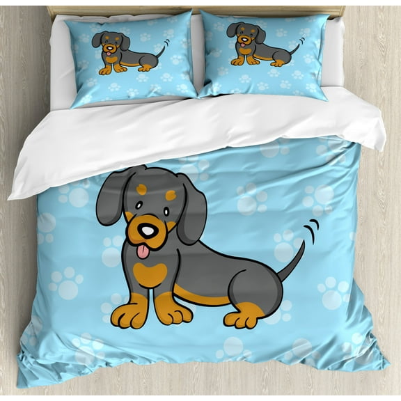 Dachshund King Size Duvet Cover Set, Puppy Cartoon with Happy Expression on Its Face Paw Print Background, Decorative 3 Piece Bedding Set with 2 Pillow Shams, Blue Brown Dark Taupe, by Ambesonne