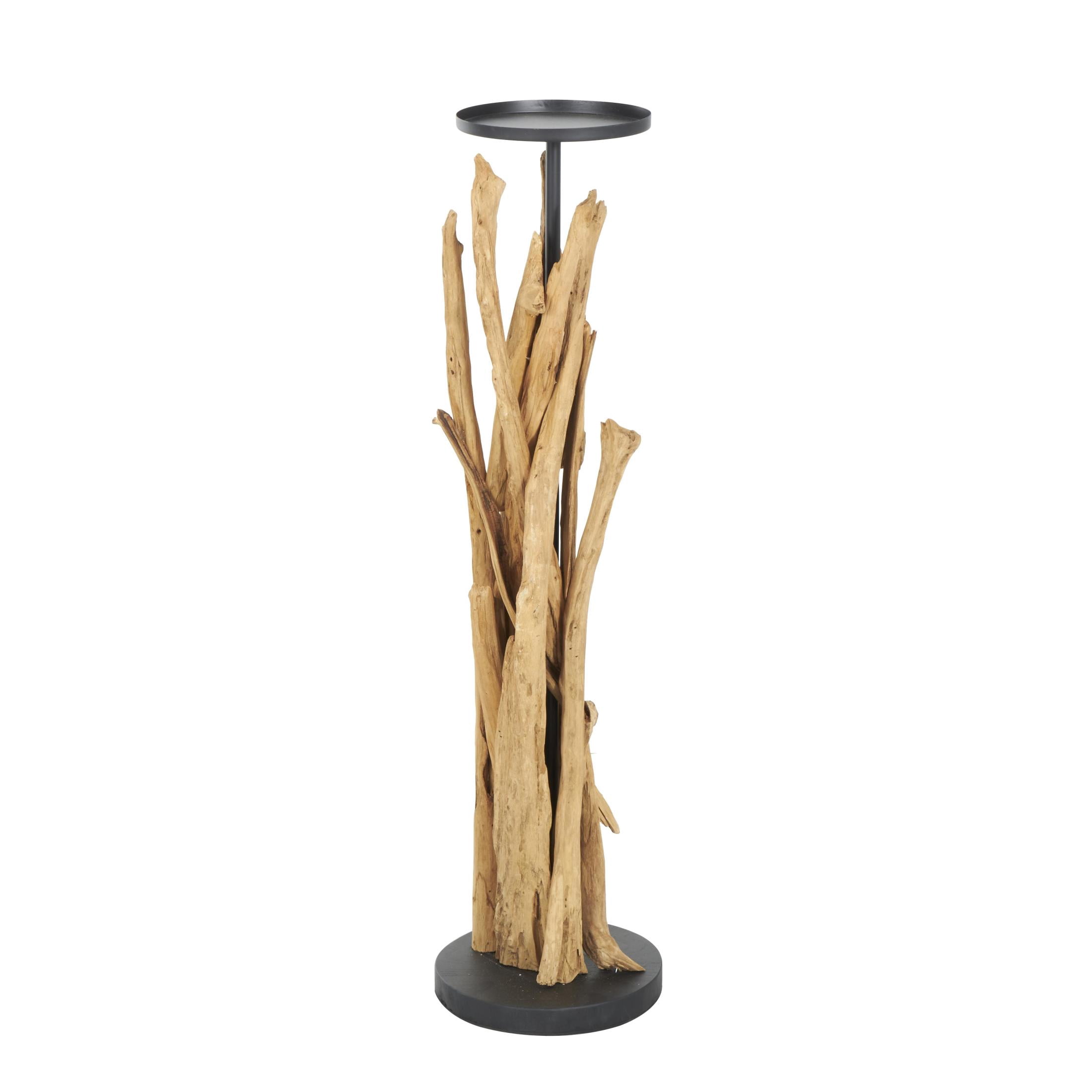 DecMode Brown Teak Wood Handmade Tall Tree Branch Floor Candle Holder with Black Metal Accents