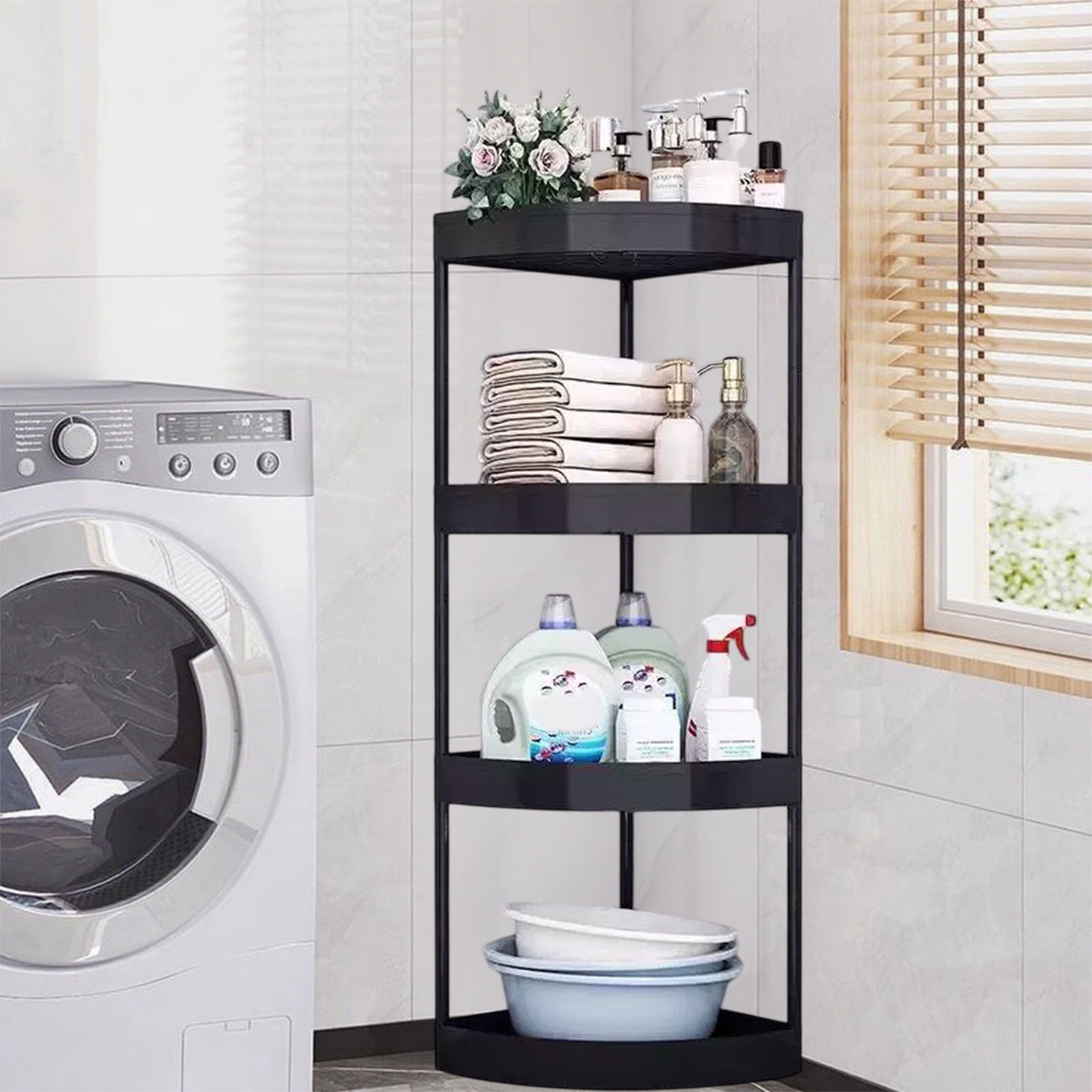 AYktou 4-Tier Corner Shelf, Large Capacity Bathroom Organizers and Storage, Toilet Storage Rack Bathroom Shelves Living Room Shelf Snack Rack Kitchen Organizers for Bottles Sundry Cosmetics, Black