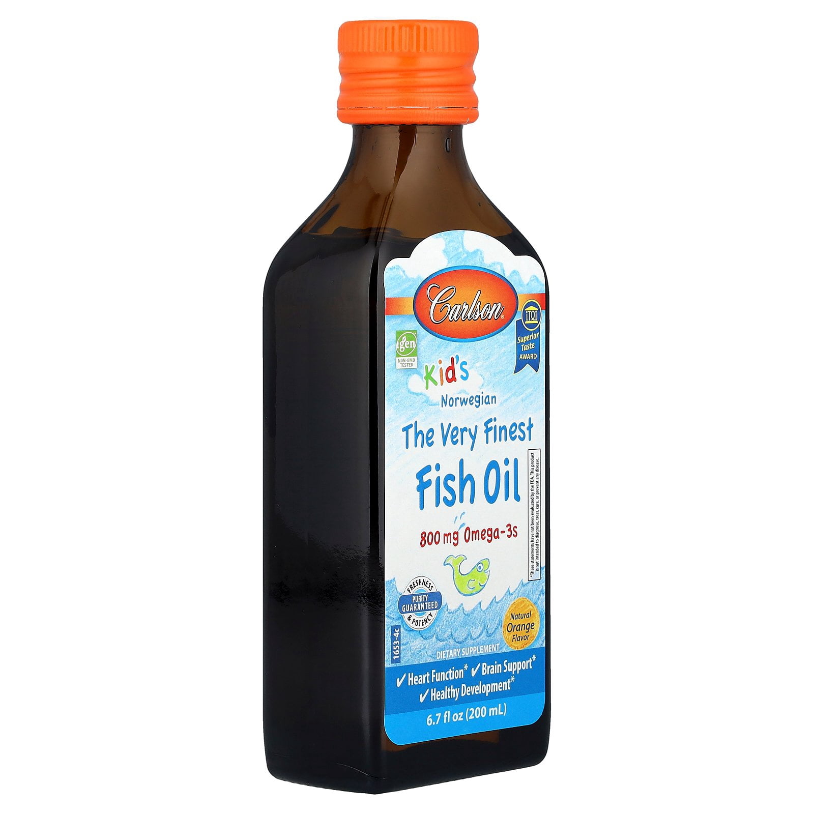 Carlson - Kid's The Very Finest Fish Oil, 800 mg Omega-3s, Norwegian, Wild Caught, Sustainably Sourced, Orange, 200 mL (6.7 fl oz)