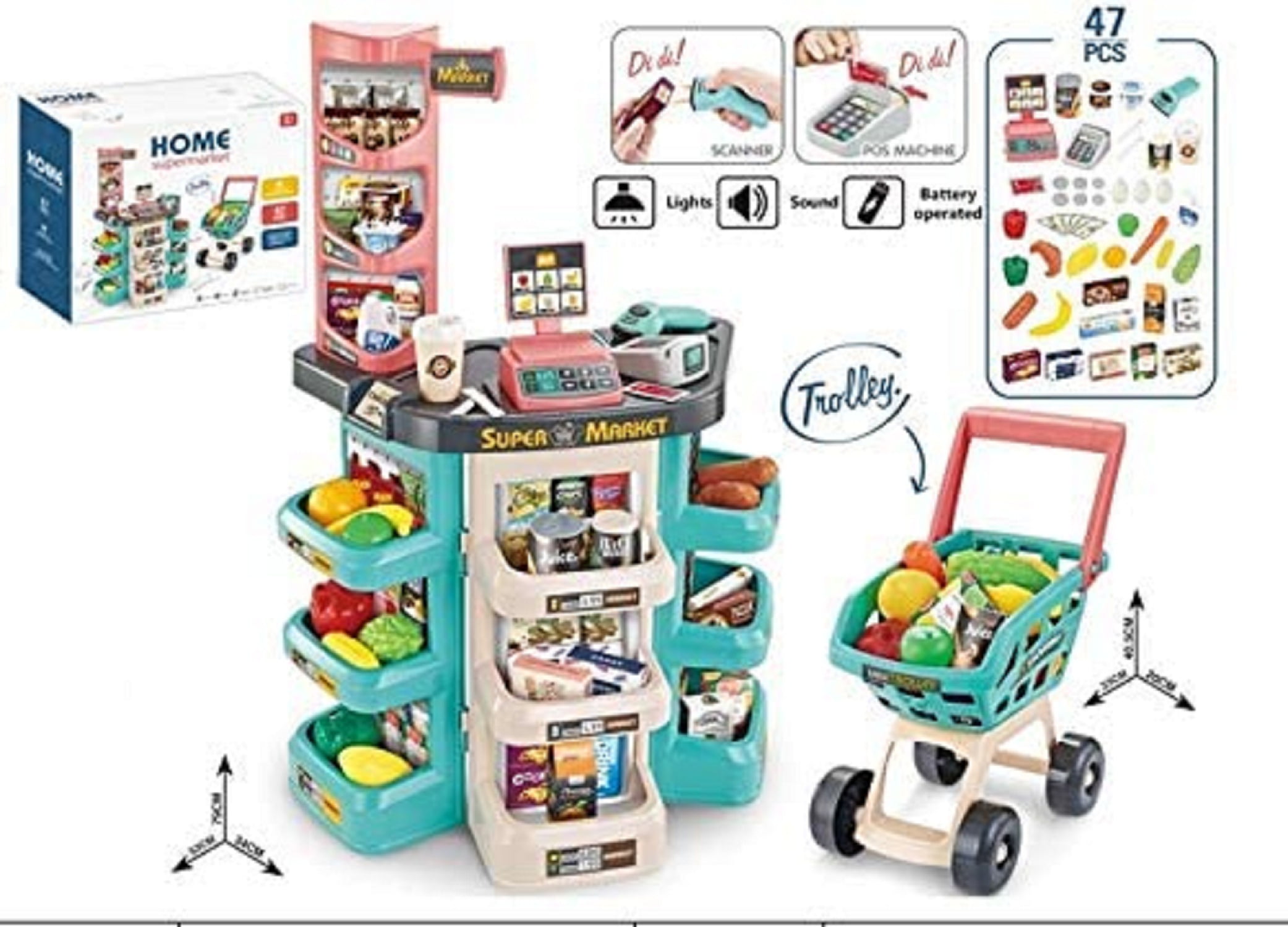 Supermarket Grocery W/Shopping Cart Scanner Store Playset Kids Pretend Play Set