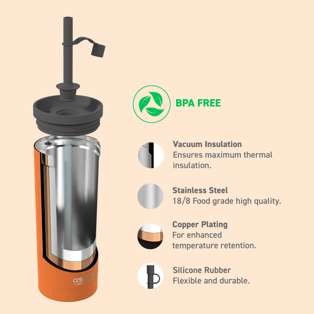 AdNart Superb Sippy Double Wall Stainless Steel 20 oz Tumbler with Silicone Flexible Straw, Orange