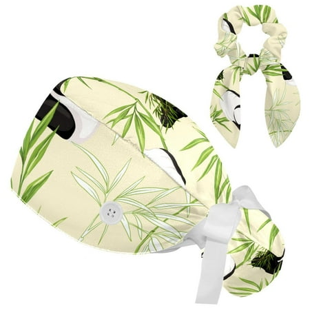 

Working Cap with Buttons and Sweatband Scrub Hat Bouffant Caps with Scrunchie Panda Tie Back Hats