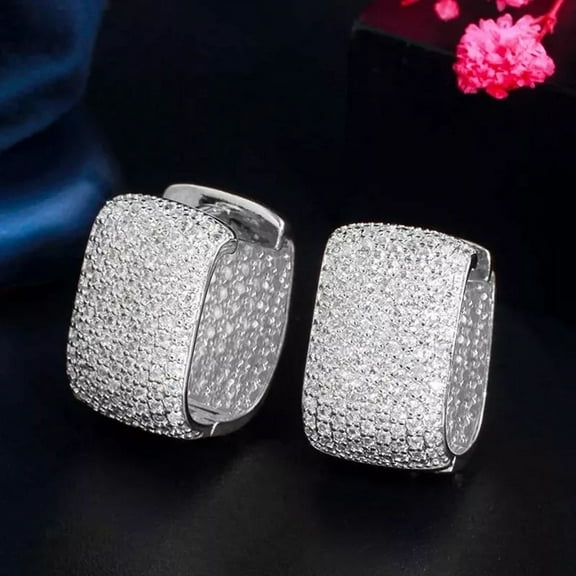 Fully Iced Micro Pave 18K White Gold Plated Cubic Zirconia Huggie Women Earrings