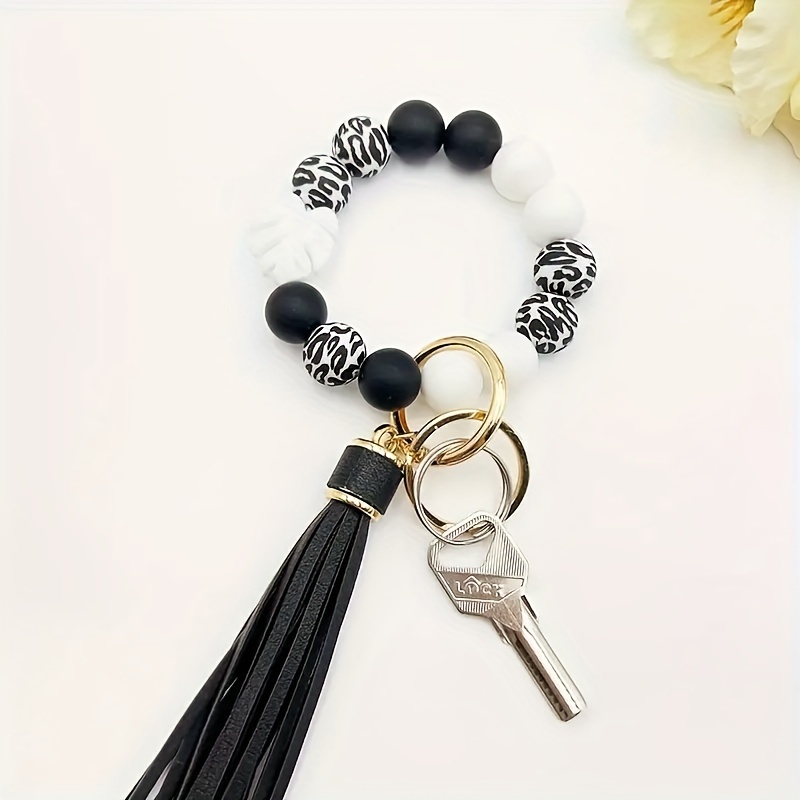 Silicone bead keychain with tassel and maple leaf pendant, stylish keychain bracelet, cool summer style, women's keychain,Black