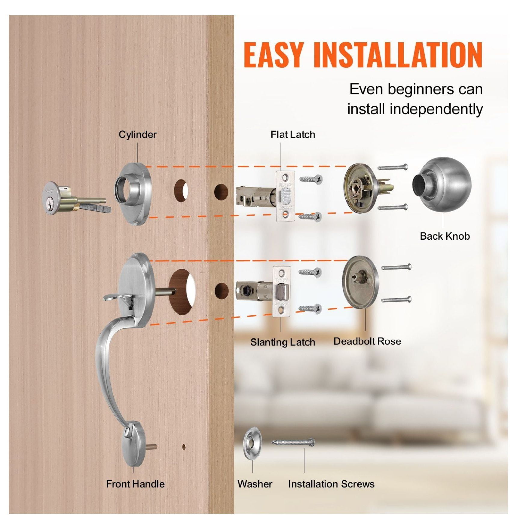Front Door Handle and Deadbolt Set, Satin Nickel Door Lockset with Knob, Adjustable Hole Spacing Handleset, Single Cylinder, for Entry & Front Doors