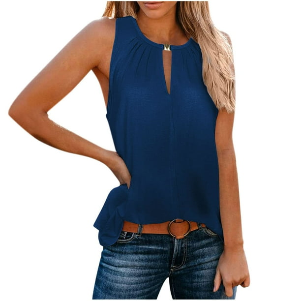 Puntoco Tops sin mangas para mujer Top de cuello redondo sin mangas de color sólido de manga corta informal de moda para mujer