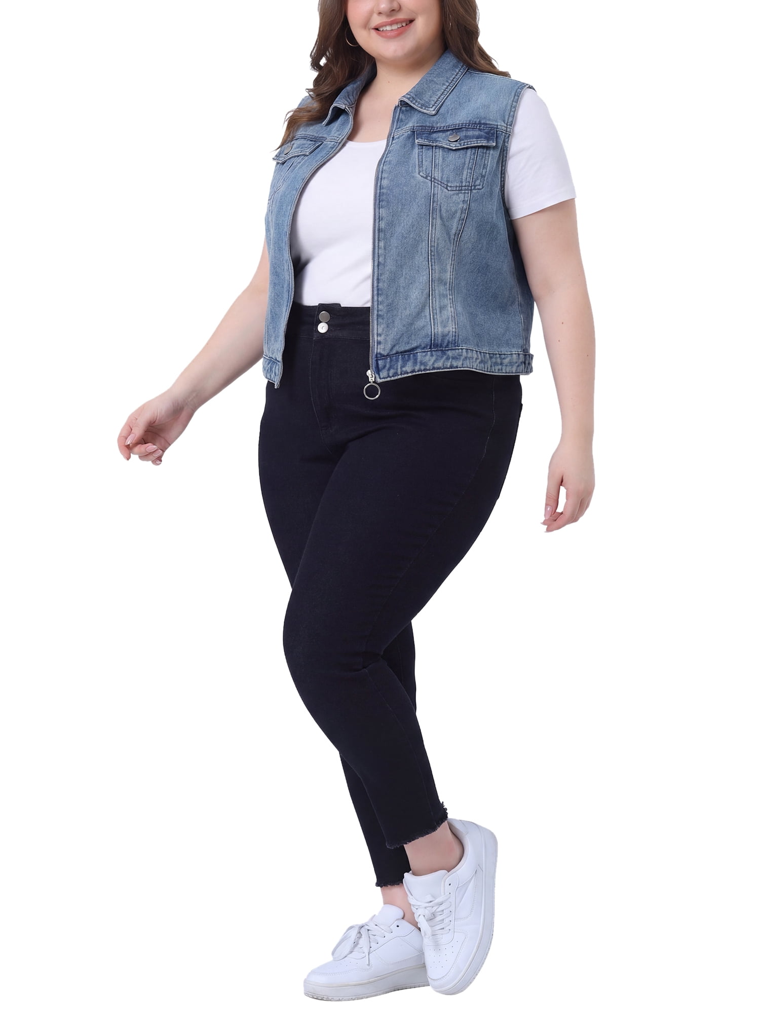 DARING DIVA Women's Plus Size Sleeveless Zip Up Button Down Jeans Vest 1X Gray Blue