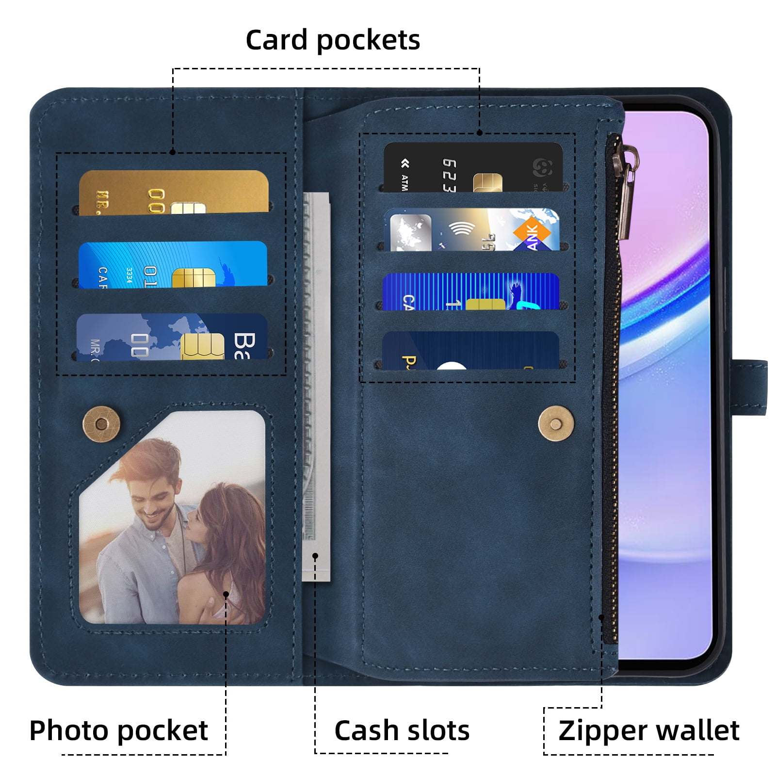Asuwish Phone Case for Samsung Galaxy A15 5G/4G Wallet Cover With Tempered Glass Screen Protector Crossbody Wrist Strap Flip Pattern Zipper Credit Card Holder Stand Cell A 15 G5 15A Women Men Blue