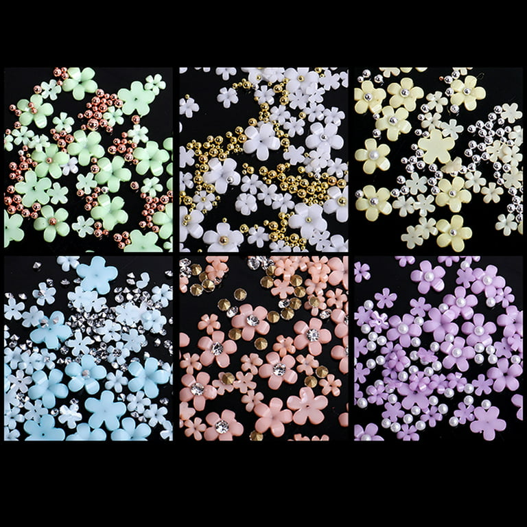 JTWEEN 3D Flower Nail Art Charms, 6 Grids 3D Acrylic Nail Flowers  Rhinestone Light Change Pink Blue Cherry Blossom Acrylic Nail Art Supplies  with