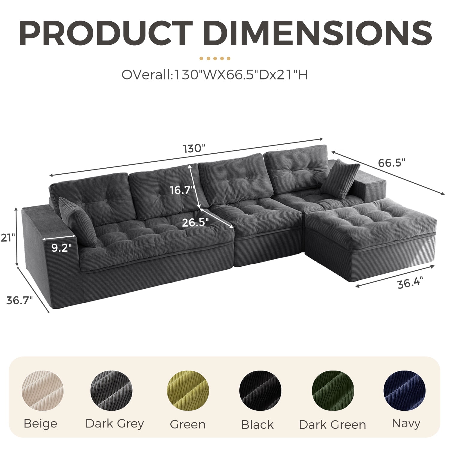 BYBYME 130"Oversized L-Shaped Sectional Sofa Cloud Boneless Modular Couch,Upholstered Sofa with Convertible Left/Right Ottoman for Living Room Bedroom,No Assembly,DGrey