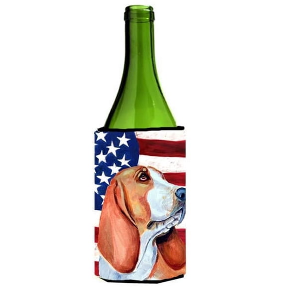 USA American Flag with Basset Hound Wine bottle sleeve Hugger 24 oz.