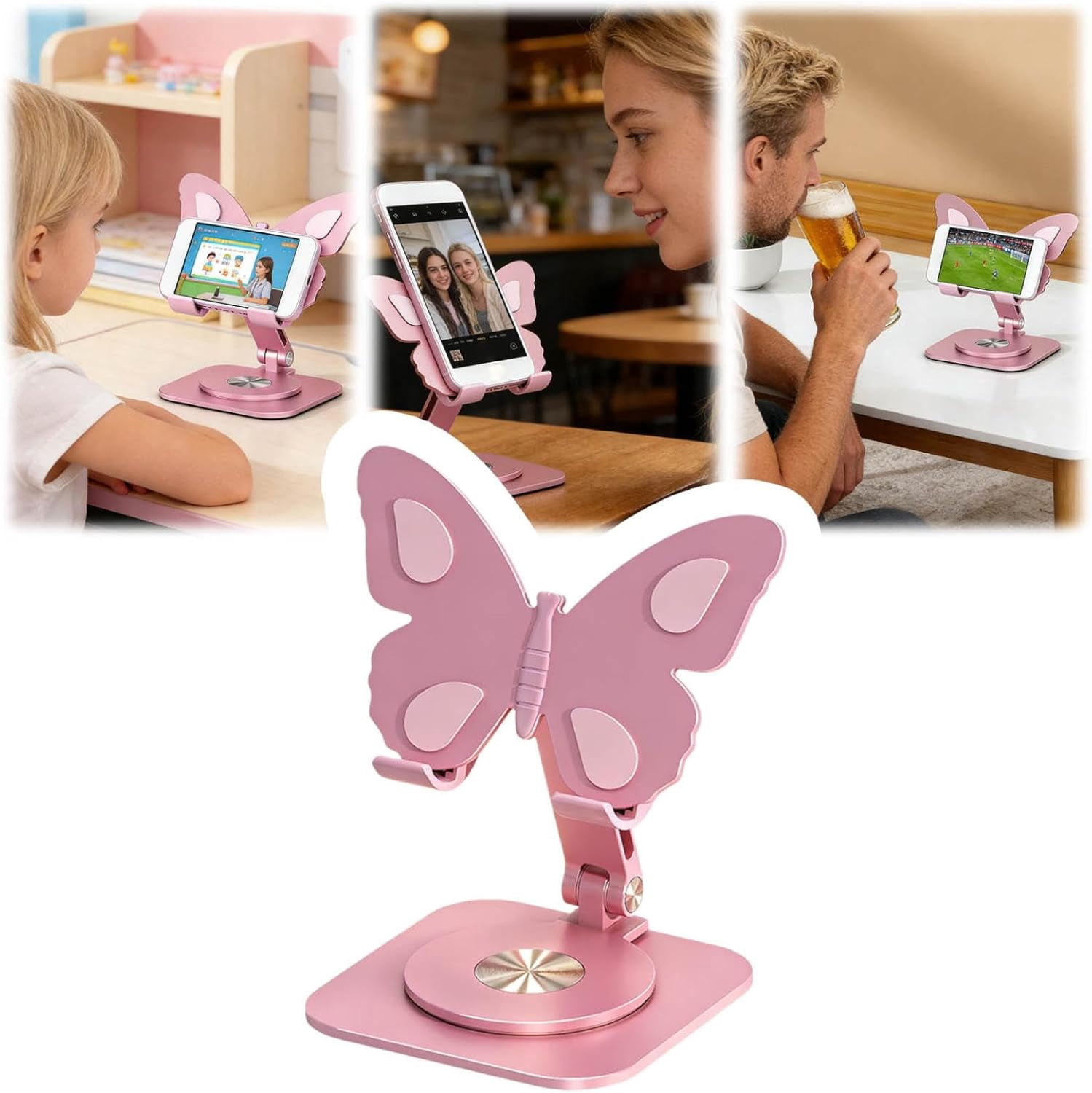Butterfly Phone Holder Stand, 360° Rotating Aluminum Alloy Desktop Stand – Multi-Angle Adjustable Foldable Dock for Home, Office, Travel, Pink, Compatible with All Smartphones