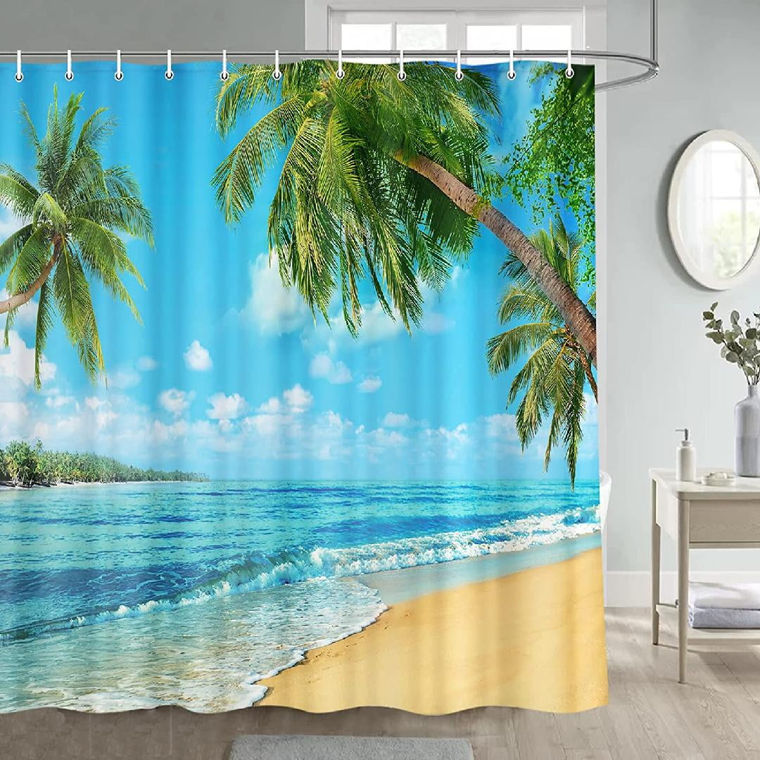 Ocean Beach Shower Curtain, Blue Sky Beach Scene Shower Curtains