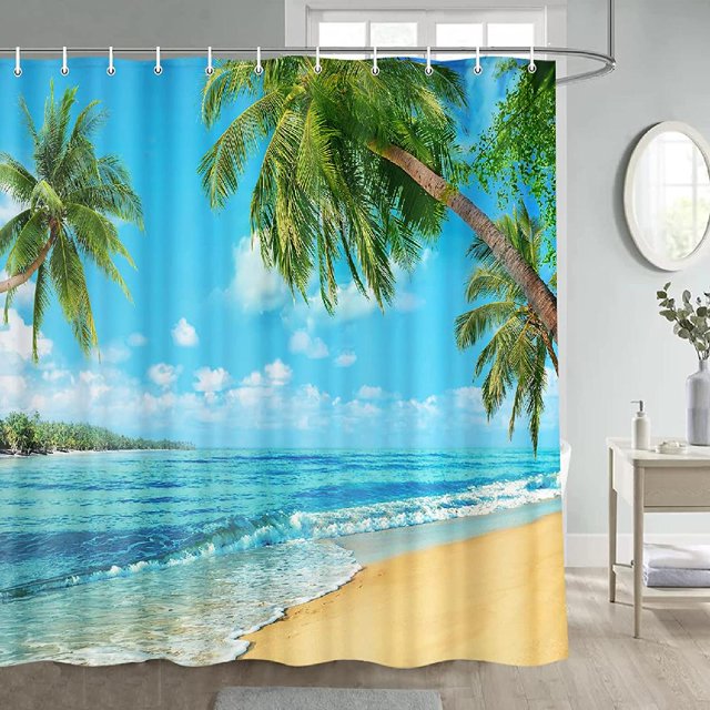 Ocean Beach Shower Curtain, Blue Sky Beach Scene Shower Curtains