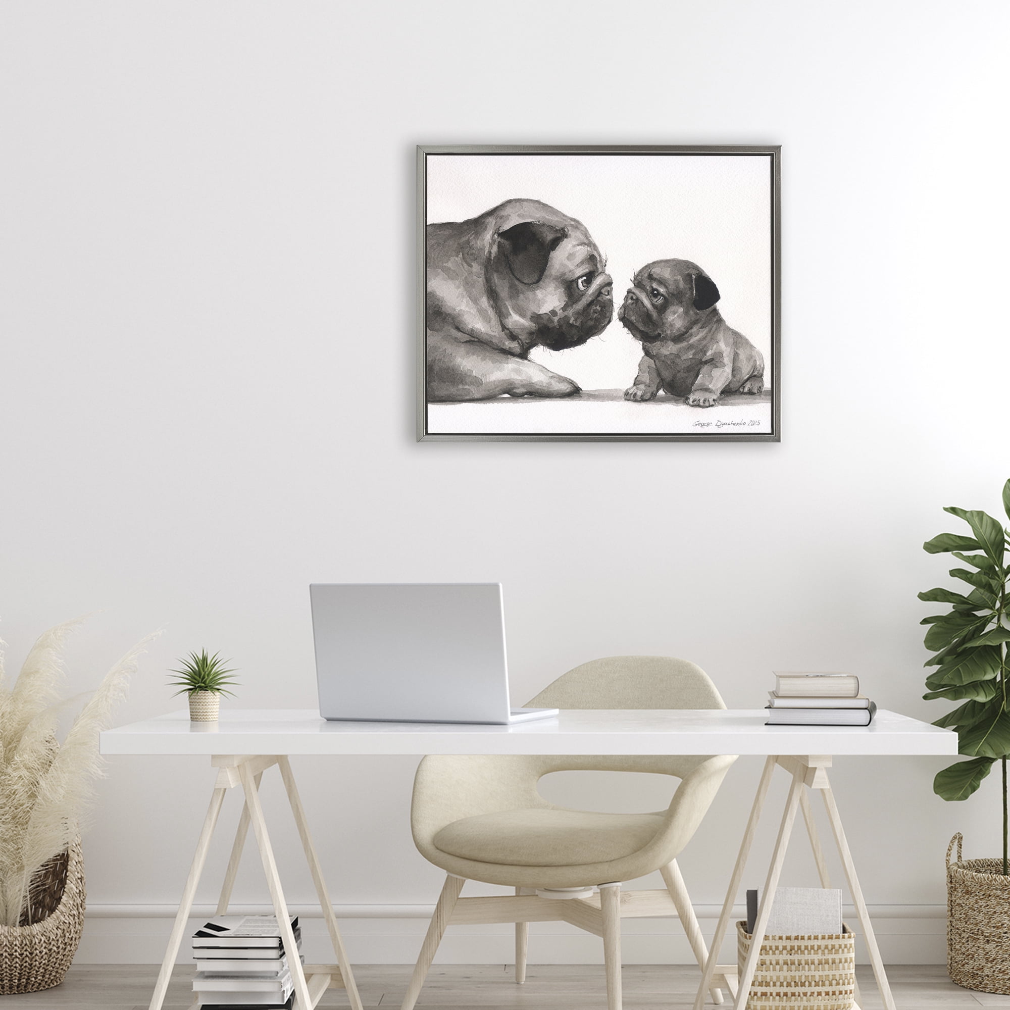 Stupell Industries Pug And Her Puppy Gray Framed Floater Canvas Wall Art, design by George Dyachenko