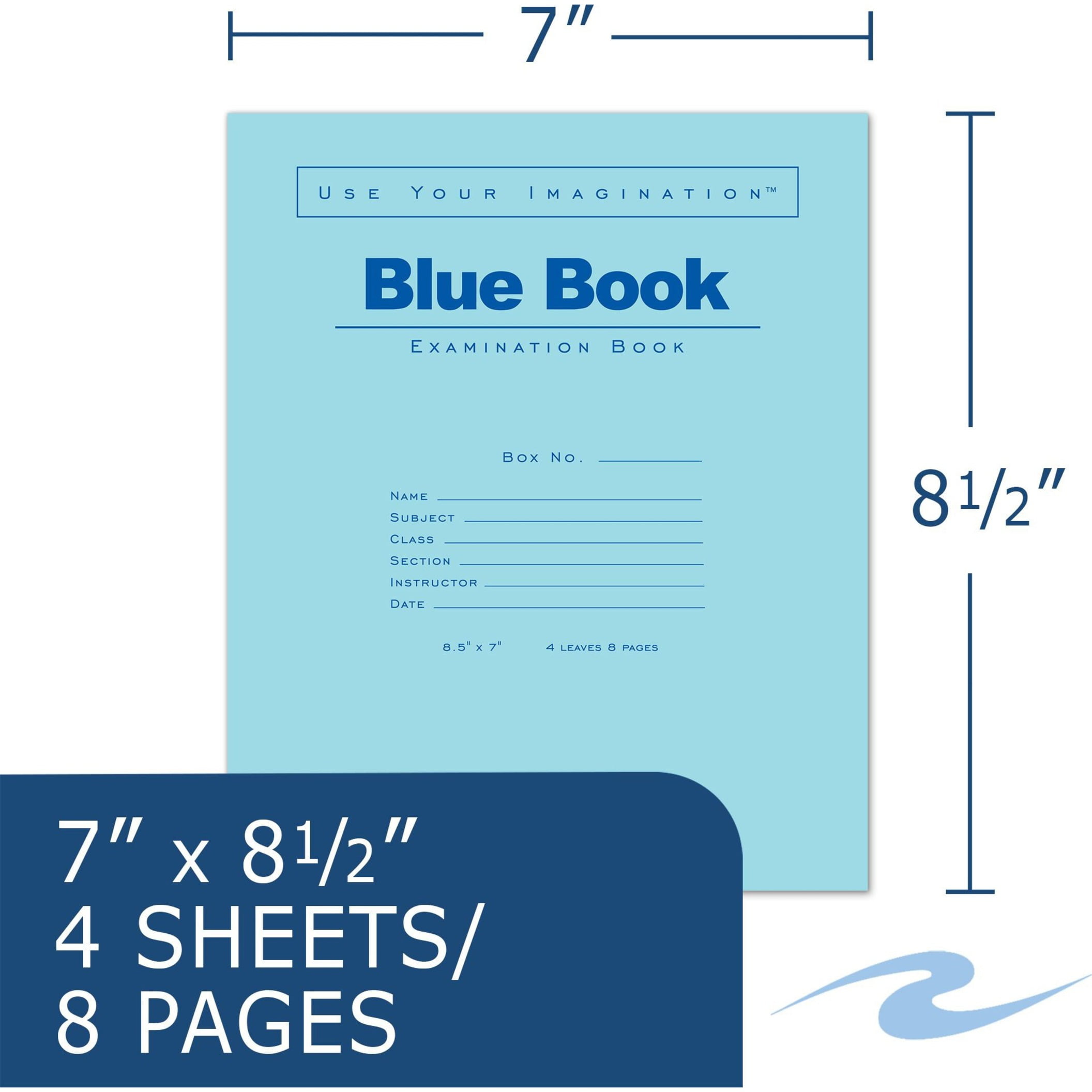 Roaring Spring Test Blue Exam Book, 1 Case (1000 Total), Wide Ruled with Margin, 8.5" x 7" 4 Sheets/8 Pages, Blue Cover