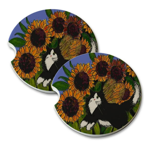 KuzmarK Sandstone Car Drink Coaster (set of 2) - Tuxedo Maine Coon Kitty Fairy with Sunflowers Fantasy Cat Art by Denise Every