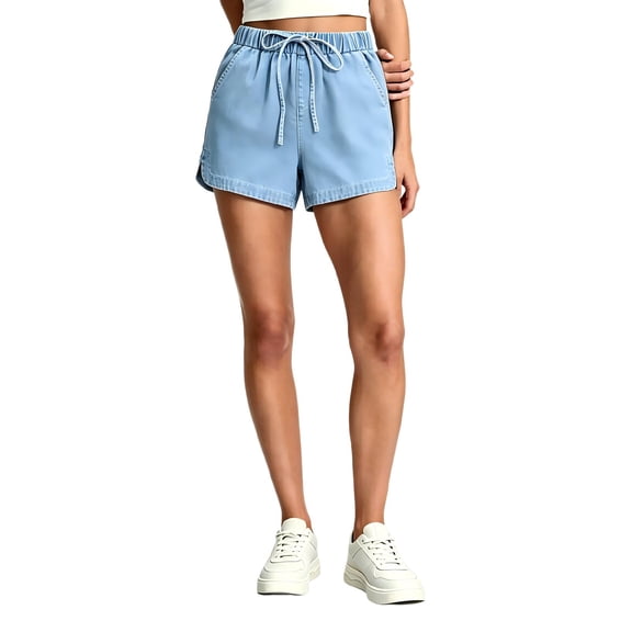Tqcoqu Women's Side Slit Loose Casual Denim Jean Shorts,Elastic Waist Drawstring Basic Shorts with Pockets,Light Blue Women's S-XXL