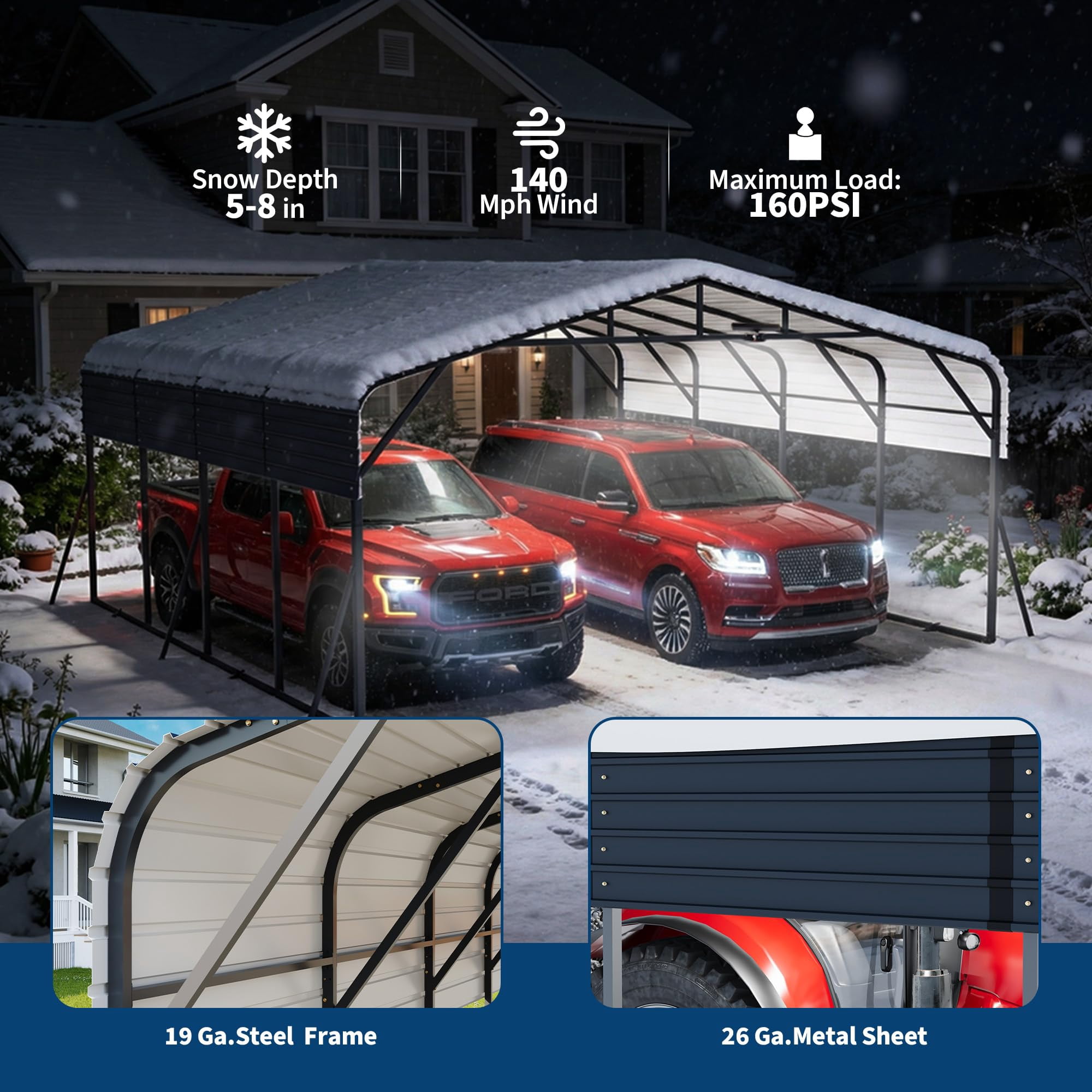 20x20FT Heavy Duty Metal Carport w/Led Light,Outdoor Portable Car Garage,Reinforced Base & Galvanized Steel Roof, Outdoor Car Port Canopy Shelter for Boats, Full-Sized Pickup Trucks