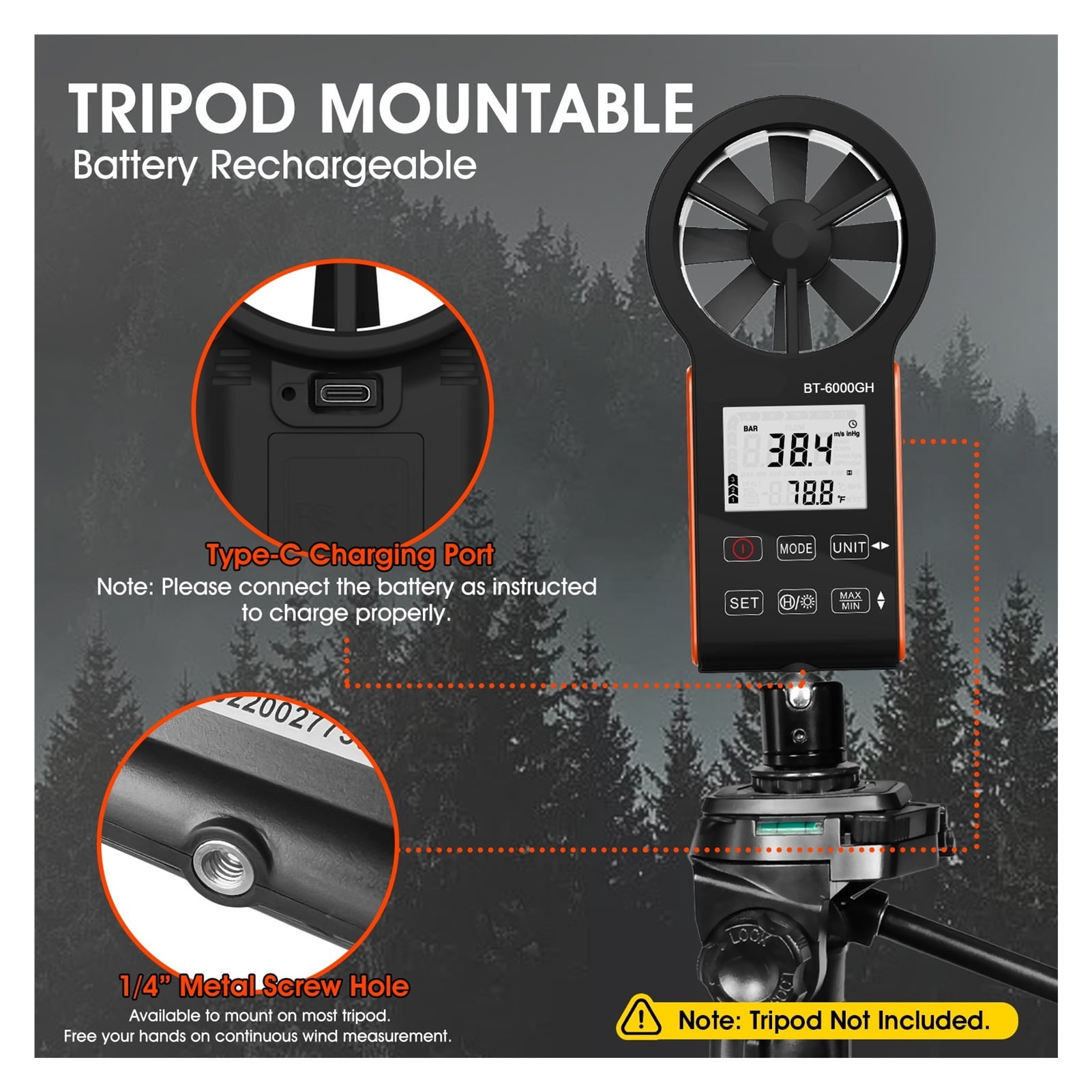 Wind Speed Measurement New Rechargeable Anemometer with Touching Key,Temperature Display,Instrument