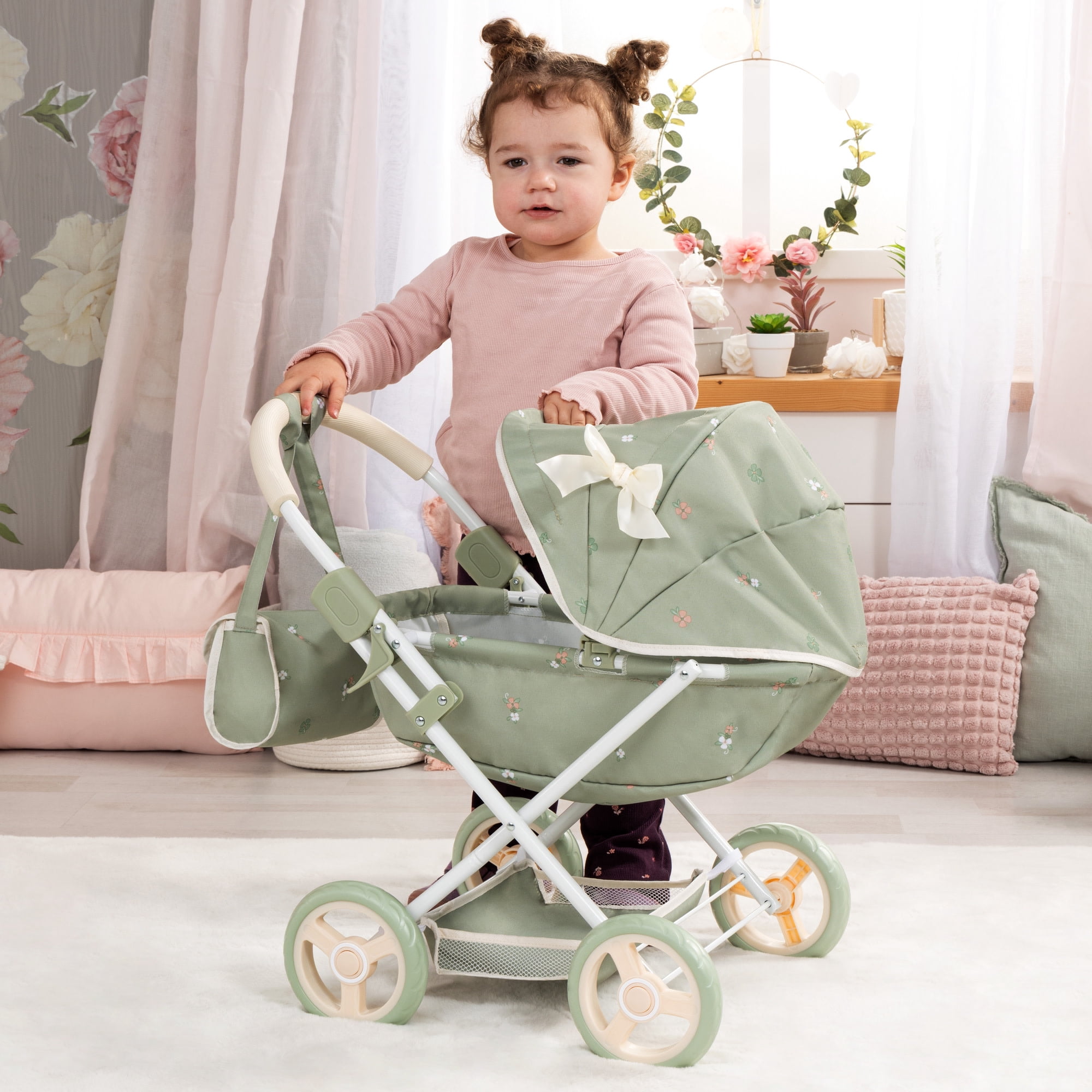 Bayer Design: Doll Pram Cosy - Green & Flowers - Play Push Stroller, Handbag, Blanket & Pillow, Folding, Toy Care Accessory Fits 18" Dolls, Kids 3+