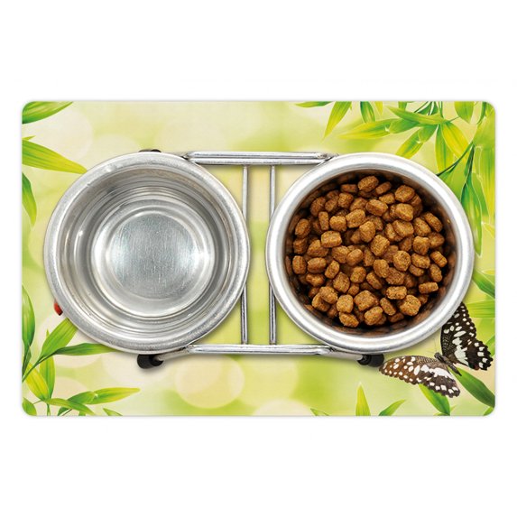 Plant Pet Mat for Food and Water, Ladybug and a Butterfly Standing on a Bamboo Leaves Bokeh Background, Non-Slip Rubber Mat for Dogs and Cats, 18" X 12", by Ambesonne