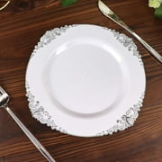 Efavormart 10 Pack | White/Silver Baroque 8 Round Plastic Dessert Salad Plates, Disposable Tableware with Leaf Embossed Gold Rim