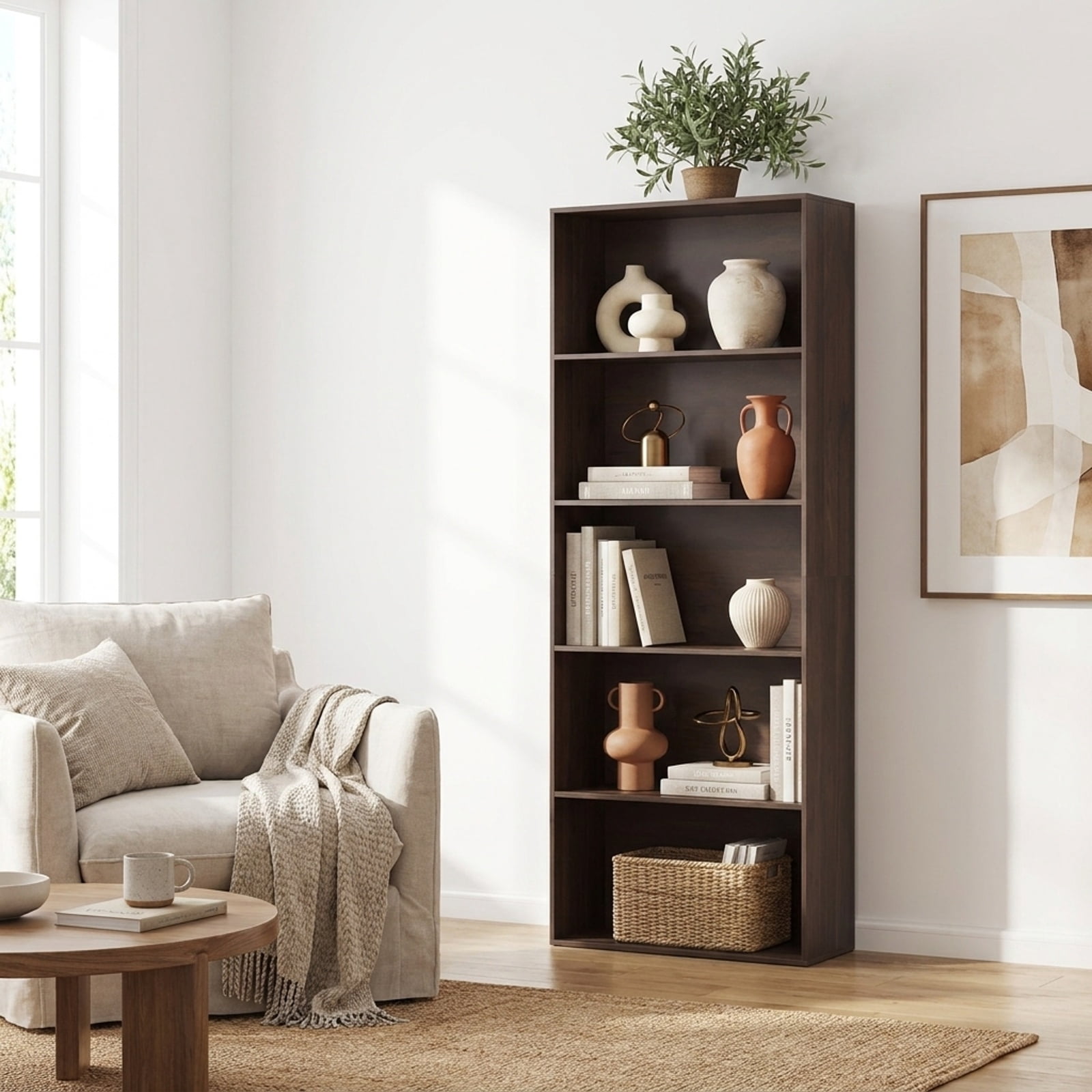Furnibear 5-Tier Bookshelf Open Bookcase Freestanding Display Shelf Storage Organizer-Dark Walnut for Living Room Home Office Bedroom, Dark Brown
