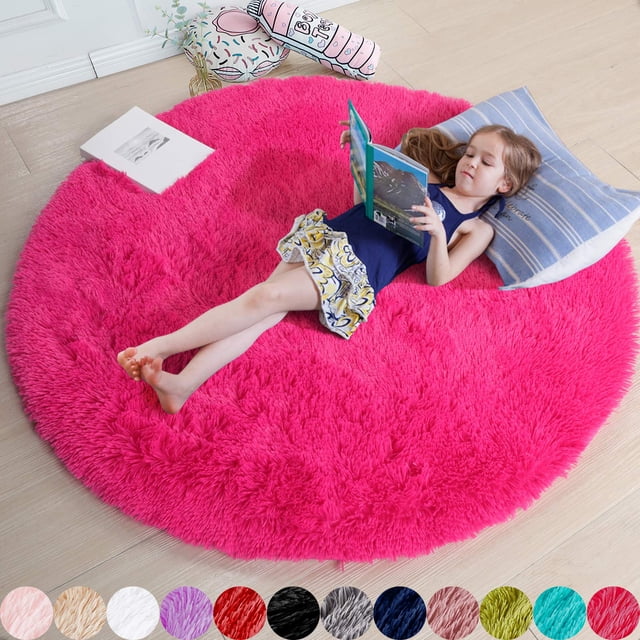 Alfombra Amdrebio, peludo, peludo, rosa intenso, 150 cm, redondo