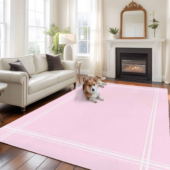 Solid Color Washable Area Rug 5x7 Pink Low-Profile Large Area Rugs with Non Slip Backing Indoor Floor Carpet for Entrance Living Room Bedroom Home Office