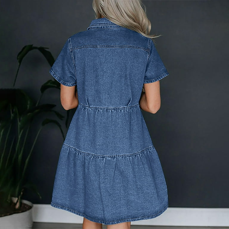 Denim Dress Plus Size Sexyshine Women's Plus Size Denim Babydoll Dress -  Button Down, Tiered, Short Sleeve Plus Size Babydoll Dress