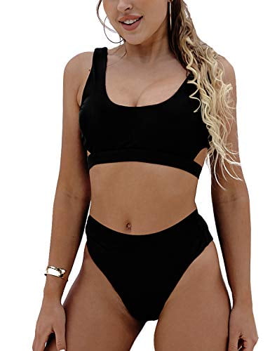 Blooming Jelly Womens High Waisted Swimsuit Crop Top Cut Out Two Piece Cheeky High Rise Bathing Suit Bikini 