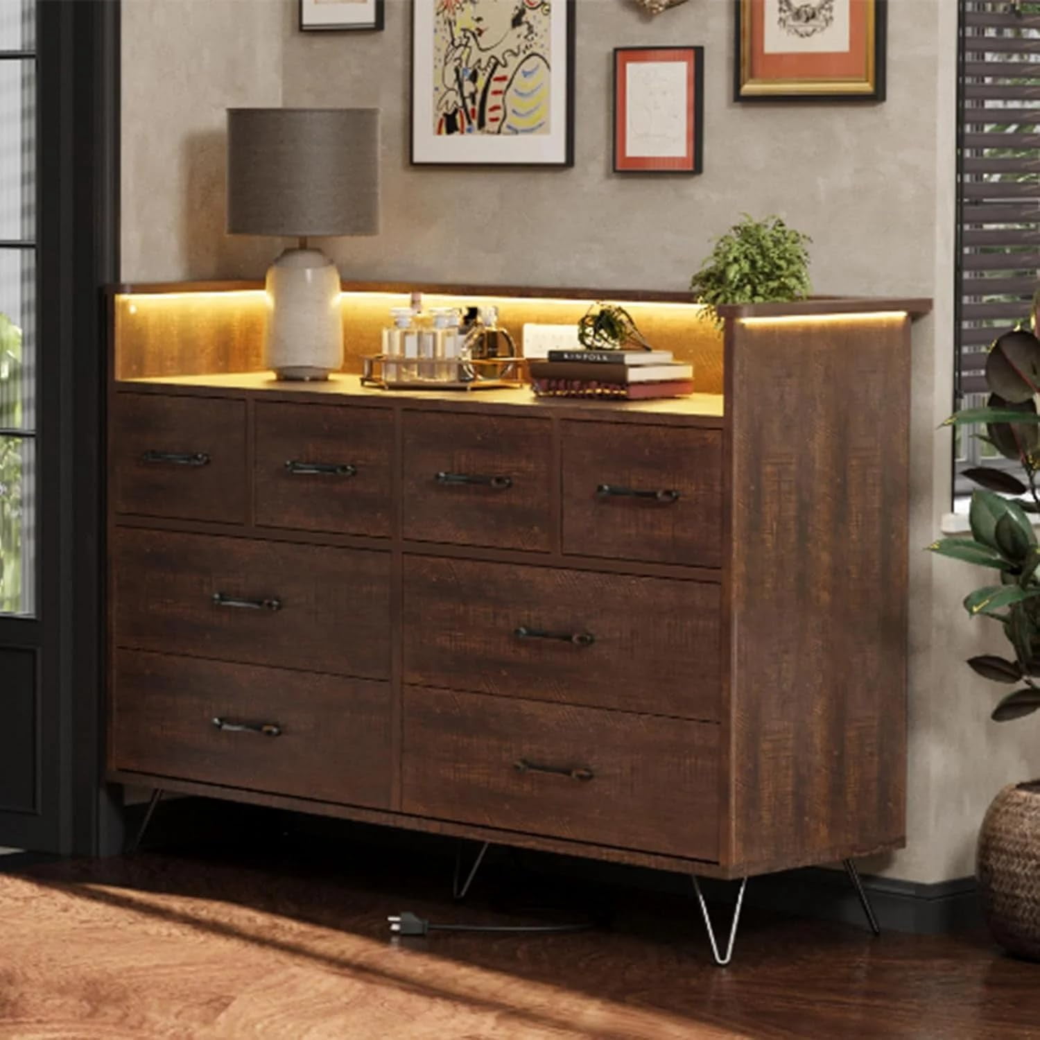 GAOMON 8 Drawer Dresser, Modern Dresser for Bedroom with Led Lights and Charging Station, Wooden Chest of Drawer with Open Space, Storage Organizer for Entryway, Living Room,Dark Brown